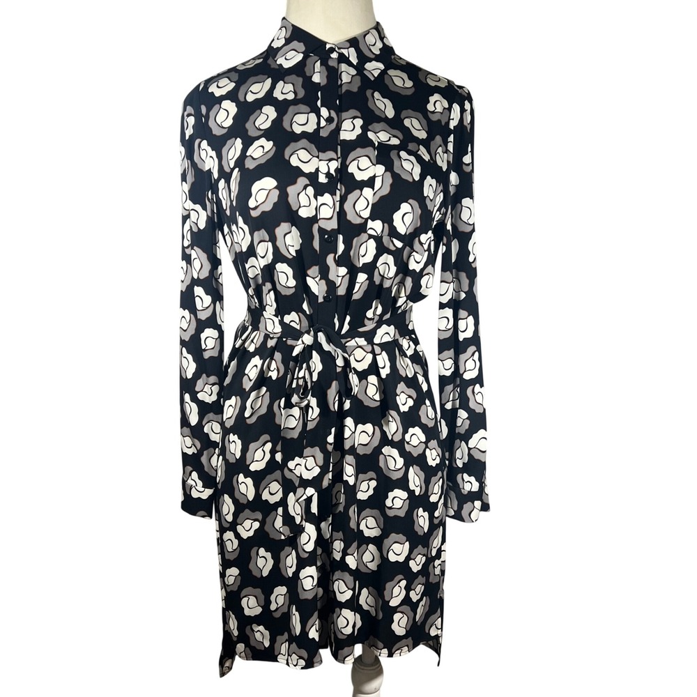 Diane von Furstenberg DVF Black White Floral‎ Rose Silk Blend Shirt Dress 14 EUC